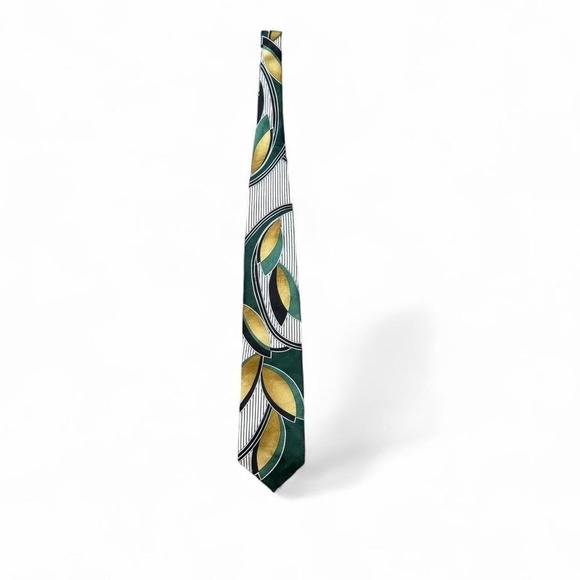 Vintage 90's Green, Gold, and White Patterned Tie - Picture 3 of 8